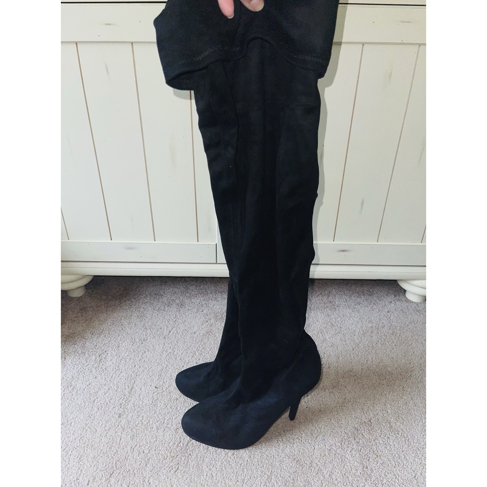 Black Thigh High Boots Size 10 Stretch Faux Suede Platform 5" Heels Bumper New
